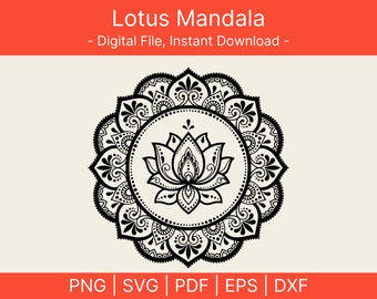 May include: Black and white digital download of a lotus mandala design. The mandala features a detailed floral pattern with a lotus flower in the center.