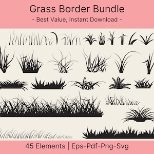 Grass SVG Bundle, Vector Grass Borders, Wild Grass Cut Lines, PNG, Compatible with Cricut & Silhouette, Instant Download, Commercial Use