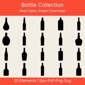 20 Bottle SVG Bundle, Water bottle, bottle png designs, Bottles clipart PNG. bottiglia di vino svg, bottiglia di champagne svg, bottiglie di whisky svg