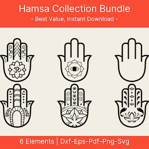 Peut inclure: Ensemble de six motifs de main Hamsa en noir et blanc. Les motifs comprennent une variété de motifs et de symboles, notamment un œil, une fleur de lotus et un symbole Om. Les motifs sont parfaits pour une utilisation dans l'artisanat, la décoration intérieure ou en tant que téléchargements numériques.