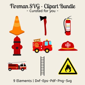 Può includere: Un set di nove immagini clipart di vigili del fuoco rosse e gialle, tra cui un camion dei pompieri, un idrante, un estintore, un cappello da pompiere, una scala, un'ascia, un cono di segnalazione e un cartello di avvertimento con una fiamma. Il testo "9 Elements | Dxf-Eps-Pdf-Png-Svg" è in basso nell'immagine.