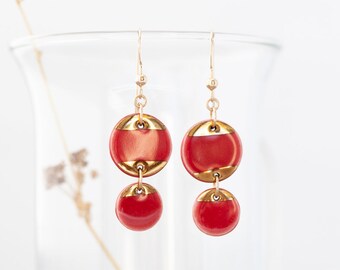 Double Circle Red Earrings Dangle, Porcelain Earrings 24K Gold Dipped, Coral Red Earrings, Round Earrings Red, Boho Wedding Red Earrings