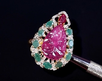 Emerald Ruby Diamond Ring: Victorian 925 Sterling Silver Handmade Flower Ring