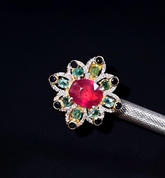 エメラルド ビクトリアン リング：ダイヤモンド＆ピンクトルマリン