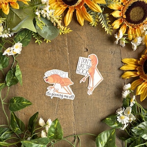 Puede incluir: Dos pegatinas humorísticas se muestran sobre una superficie de madera, enmarcadas por girasoles y vegetación. Una pegatina presenta un insecto naranja con el texto "ROBERT" y "it's pissing me off". La otra pegatina dice "I DON'T LIKE THIS ROCK."