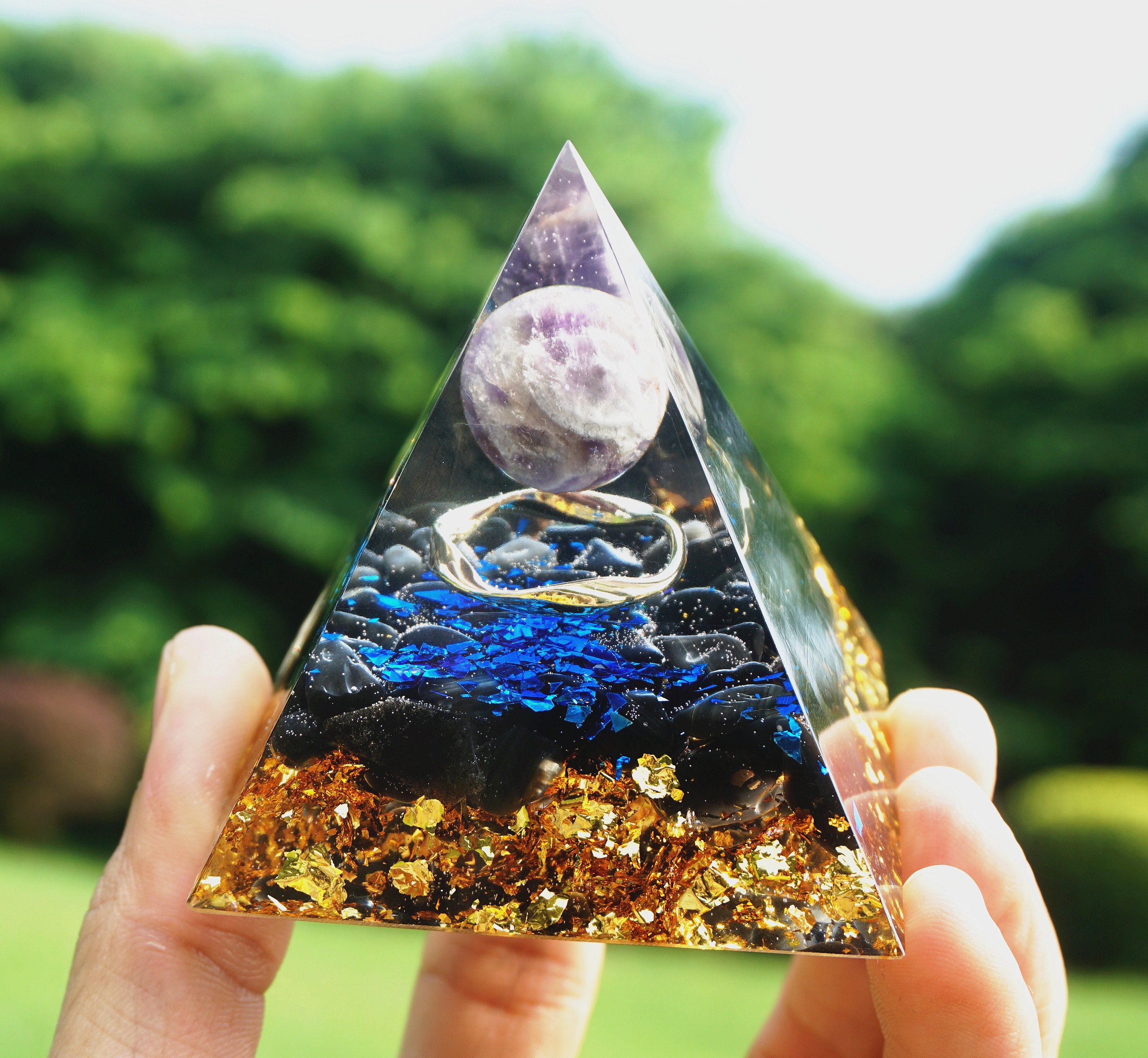 Amethyst Crystal Sphere Orgonite Pyramid With Obsidian Orgone Etsy