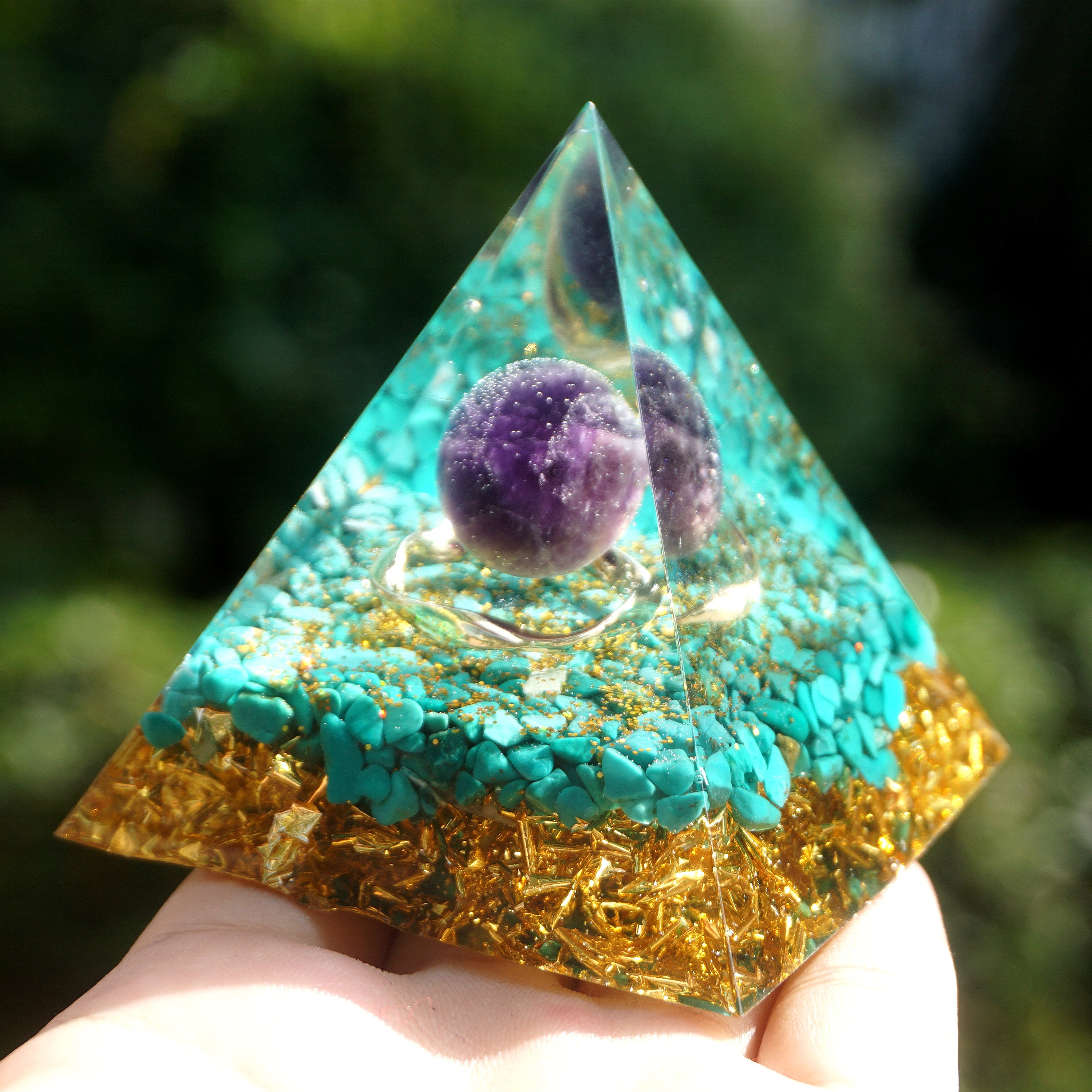 Amethyst Crystal Sphere Orgone Pyramid With Turquoise Orgonite Etsy