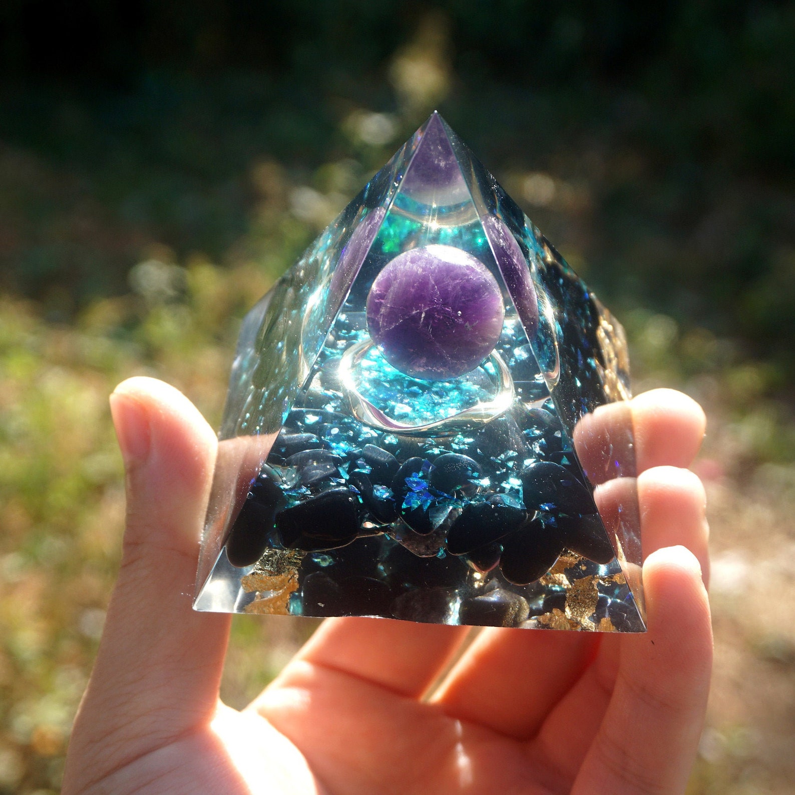 Amethyst Crystal Sphere Orgonite Pyramid With Obsidian Orgone Etsy