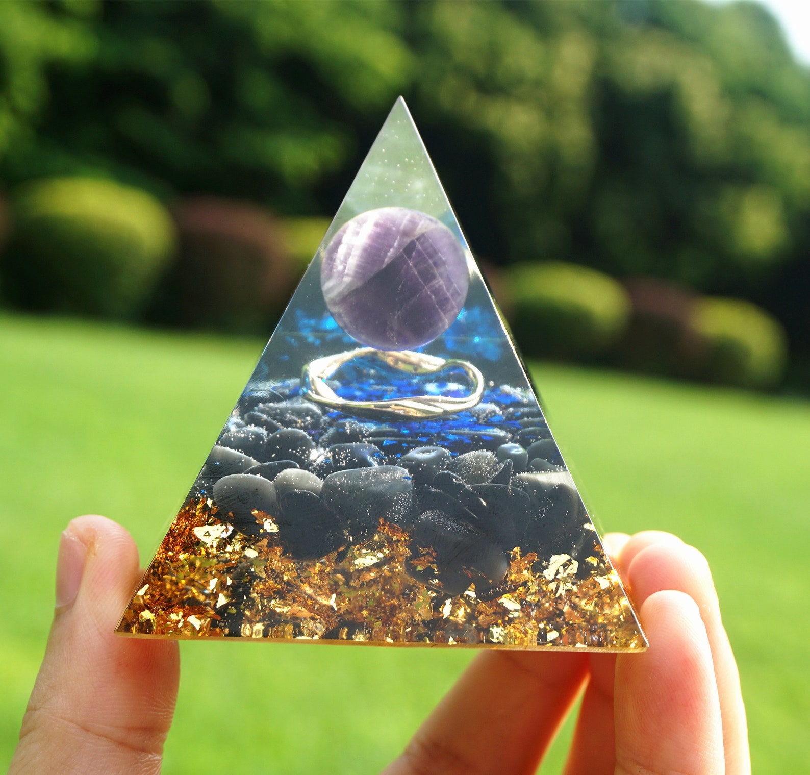 Amethyst Crystal Sphere Orgonite Pyramid With Obsidian Orgone Etsy