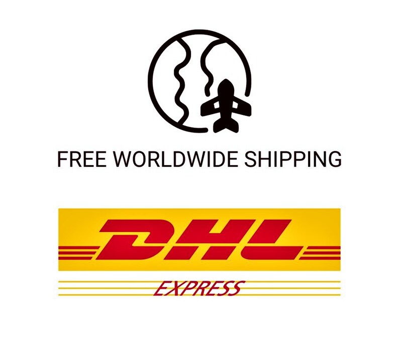 May include: Free worldwide shipping with DHL Express. The logo features red DHL text on a yellow background with three yellow stripes and the text "EXPRESS" below.