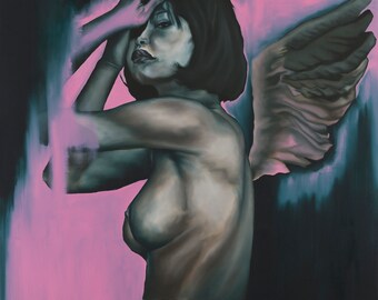 Pink Neon Angel- Original Oil Painting on Canvas - Modern Surreal Female Portrait, Framed Guardian Angel Wall Art, Contemporary Figurative.