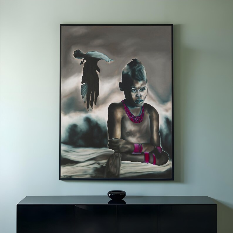 Introspective Figurative Oil Painting: Surrealist Metamorphosis Art, 51x39 image 3