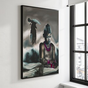 May include: A painting of a young person with dark hair and a red necklace, sitting with their arms crossed. A dark bird is flying above them. The background is a dark blue and grey.