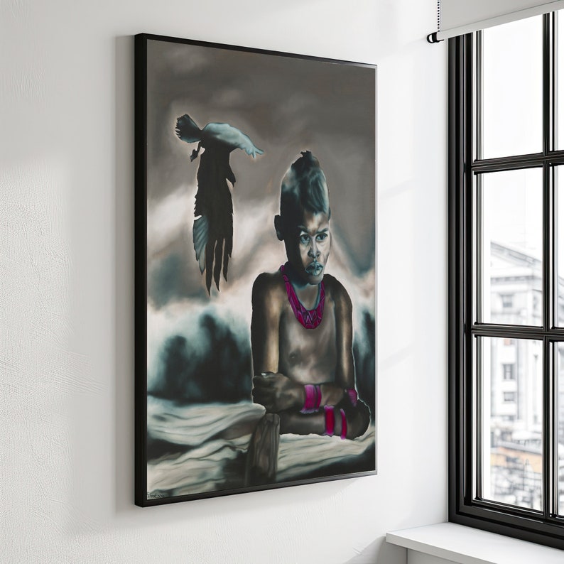 May include: A painting of a young person with dark hair and a red necklace, sitting with their arms crossed. A dark bird is flying above them. The background is a dark blue and grey.