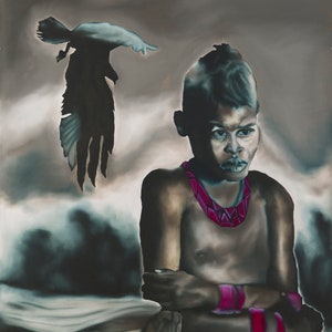 May include: A painting of a young person with dark skin, wearing a pink beaded necklace and pink and red bracelets. The person is sitting with their arms crossed and looking to the side. A dark bird is flying above the person's head.