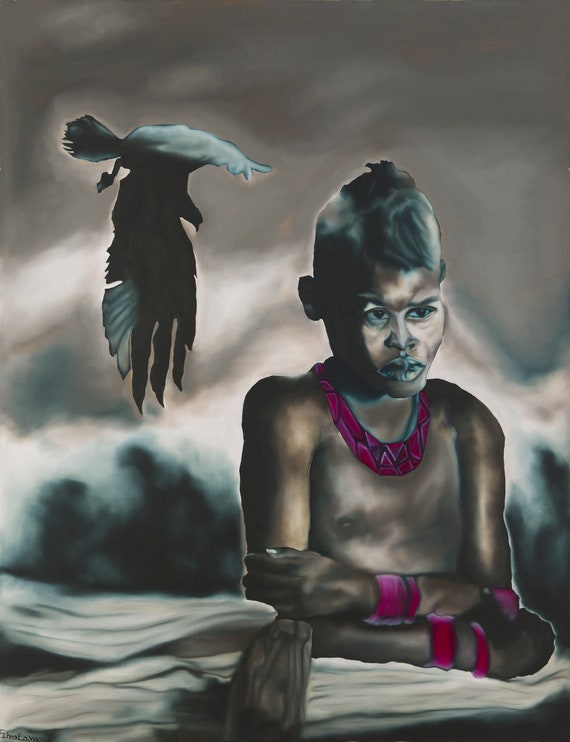 Introspective Figurative Oil Painting: Surrealist Metamorphosis Art, 51x39