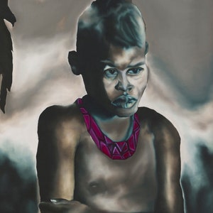 May include: A young person with dark skin and short dark hair is wearing a pink beaded necklace. The person is looking to the side and has a serious expression on their face.