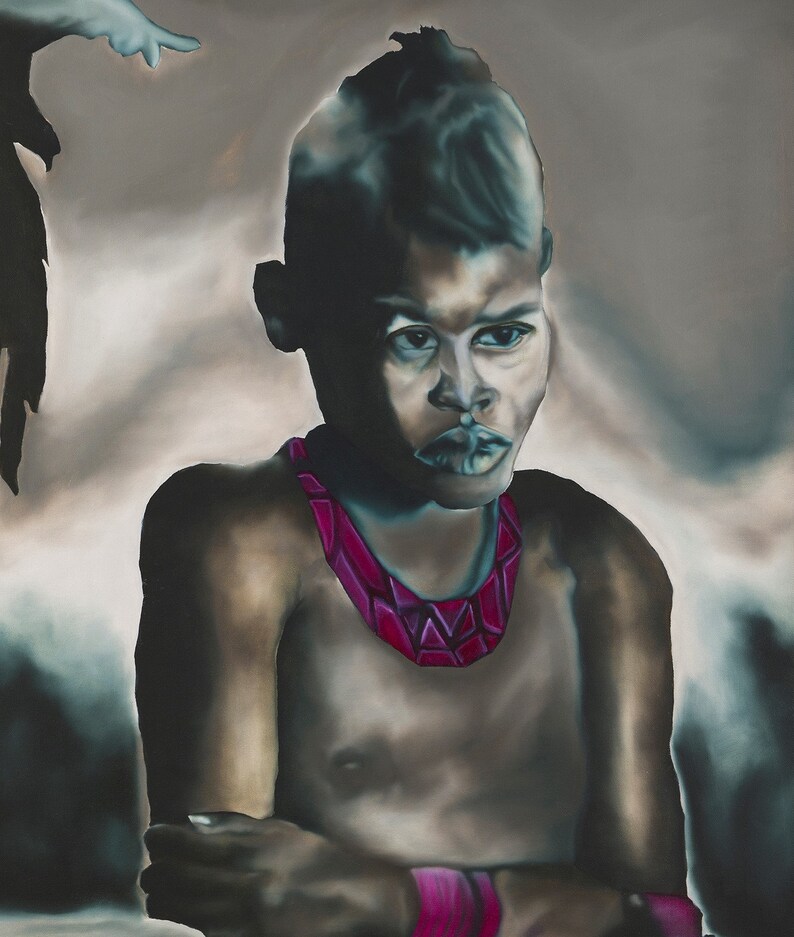 May include: A young person with dark skin and short dark hair is wearing a pink beaded necklace. The person is looking to the side and has a serious expression on their face.