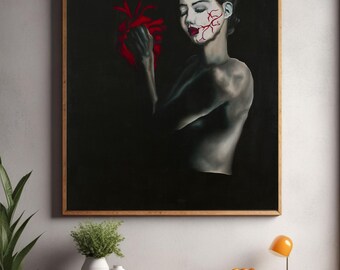 Original surrealistisk oljemålning på duk, kvinna med hjärta, mörk konst, känslomässig väggdekor, gotisk inredningskonst, unikt konstverk
