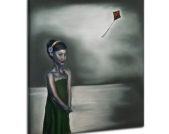 Klaar om op te hangen, donkere vrouwelijke muurkunst, donkere fantasiekunst, griezelige vibes vrouwelijk figuratief schilderij op canvas, surrealistisch landschapsprint vasthoudend hart