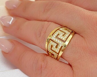 Bague En Or Jaune 14 Carats Motif Clé Grecque Avec CZ - Taille 10 - Largeur 3mm - Neuf Sans Emballage