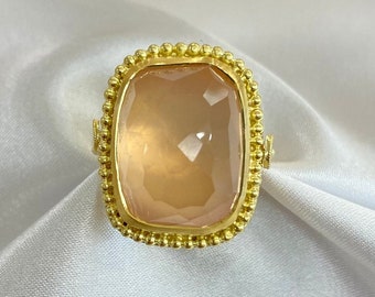 Bague en or jaune 18 carats | Bague de style byzantin | Quartz rose | Bague pierre de quartz | Bague faite main | cadeau pour elle | Fête des Mères | Cadeau de Noël