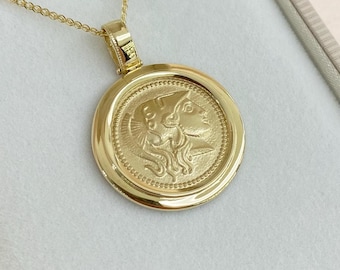 14K Gold Athena Coin Pendant – Handmade Greek Mythology Charm from Athens