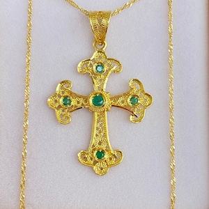 18K Yellow Gold Byzantine Cross Necklace: Emerald Baptism Jewelry