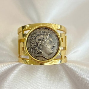 Alexander the Great Coin Ring | Handmade Jewelry | 14K Yellow Gold Ring | Greek Key Design | Silver Coin Ring | Gift for Her | Greek Jewelry