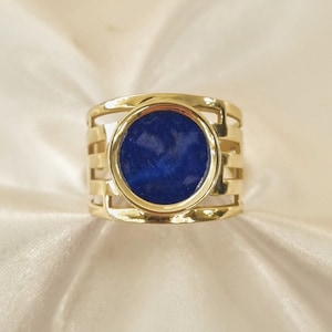 14K Yellow Gold Lapis Lazuli Ring: Handmade Greek Key Jewelry