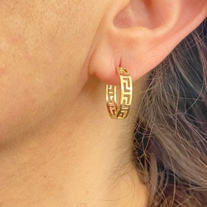 Greek Key Hoop Earrings | Meander Greek Earrings | Anniversary Gift | 14K Yellow Gold | Gold Hoops | Greek Jewelry | Ancient Greek Hoops