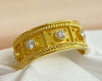 Gold Byzantine Ring | Wide Gold Ring | Byzantine Ring | 18K Solid Gold Ring | Diamond Stones Ring | Byzantine Jewelry | Gift For Her
