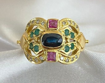 Bague de style byzantin | Pierres multicolores | Bague en or jaune 18 carats | Bague faite main | Bijoux uniques | Cadeau Fête des Mères | Cadeau pour elle