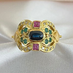Byzantine 18K Gold Ring: Sapphire, Ruby, Emerald & Diamond Handmade Jewelry