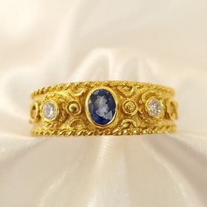 18K Yellow Gold Byzantine Ring: Sapphire & Diamond Handmade Jewelry