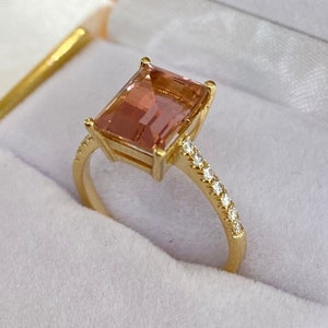 18K Yellow Gold Ring | Engagement Ring | Handmade Jewelry | Tourmaline Stone Ring | Diamond Stones Ring | Gift for Her | Minimalist Style