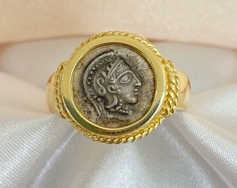14K Gold Athena Coin Ring – Handmade Greek Goddess Jewelry, Ancient Silver Tetradrachm Design
