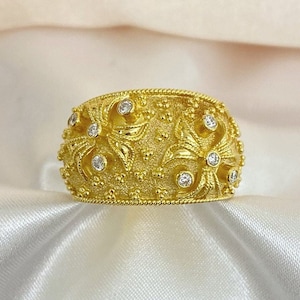 Handmade 18K Yellow Gold Byzantine Diamond Ring – Vintage Style Statement Jewelry, Gift for Her