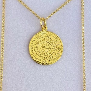 14K Yellow Gold Phaistos Disc Pendant Necklace: Handmade Greek Jewelry