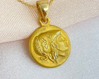 Handmade Jewelry | 14K Yellow Gold Necklace | Athena Owl Pendant | Greek God Pendant | Athena Coin | Gift for Her | Mother's Day Gift