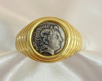 Alexander the Great Coin Ring | 14K Gold Ring | 925 Silver Coin Ring | Handmade Jewelry | Chevalier Ring | Greek Gold Ring | Mother's Day