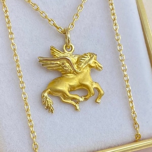 14K Yellow Gold Necklace | Pegasus Pendant | Handmade Jewelry | Winged Horse Necklace | Mythical Pegasus Necklace | Gift For Her