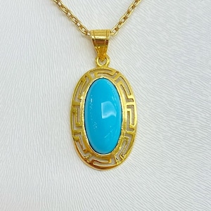Meanderhanger | 14K geelgouden ketting | Turkoois steen | Handgemaakte sieraden | Grieks sleutelontwerp | Cadeau voor haar |  Moederdagcadeau