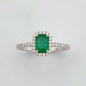 18K White Gold Emerald and Diamond Halo Ring - Handmade Fine Jewelry