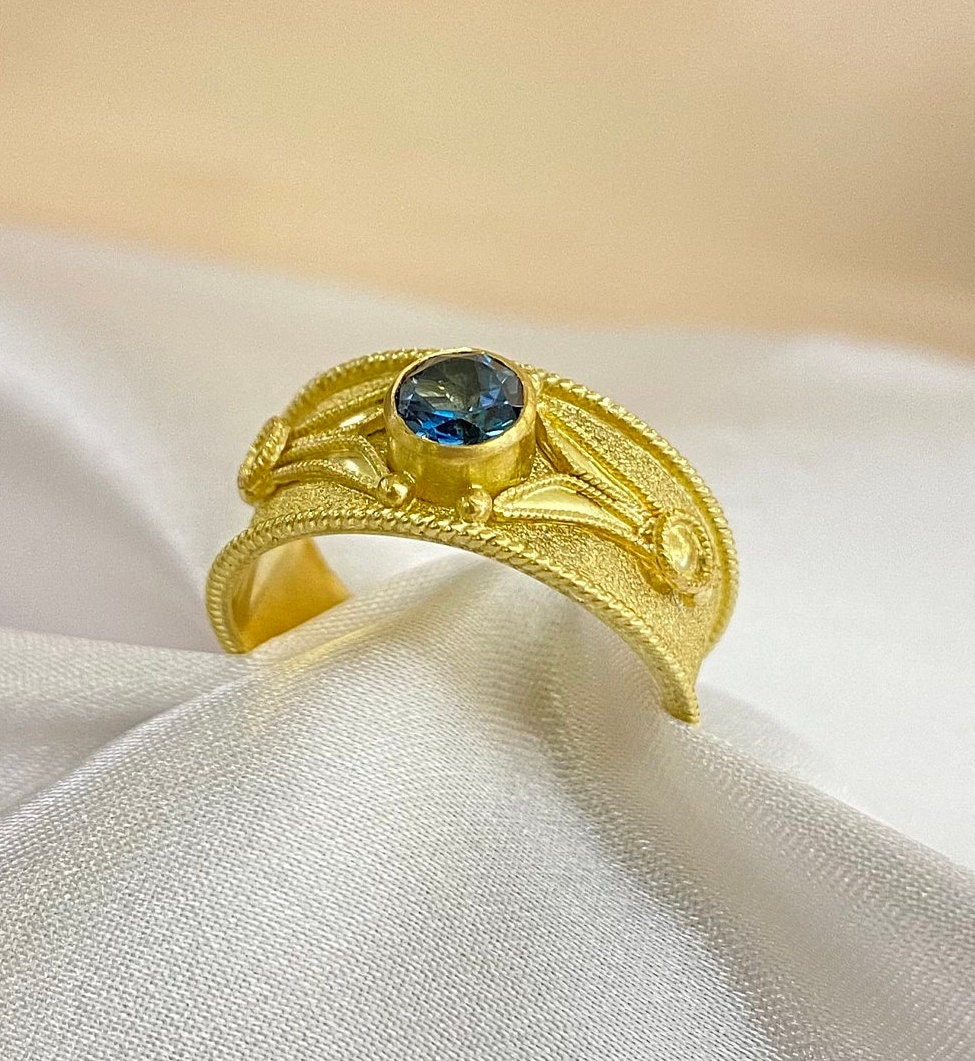 Byzantine Ring 18K Yellow Gold London Blue Topaz Stone Handmade Jewelry ...