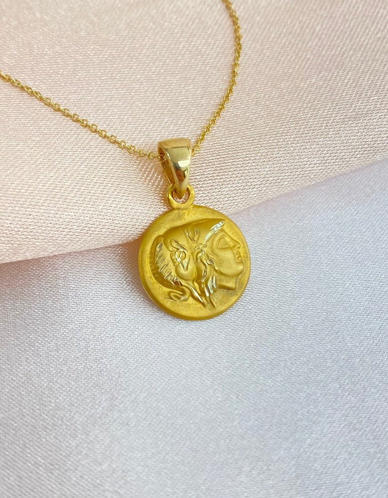 14K Yellow Gold Athena Owl Coin Pendant Necklace