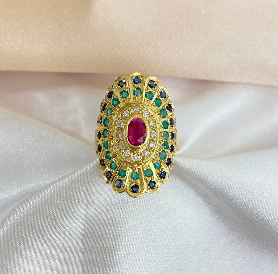 Byzantine Style Ring | 18K Yellow Gold Ring | Multicolor Stones ...