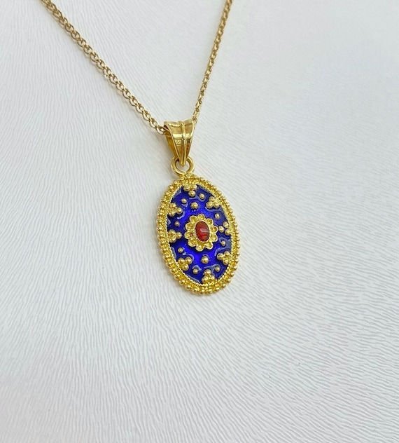 18K Yellow Gold Necklace Byzantine Style Pendant Enamel