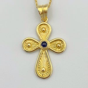 14K Gold Byzantine Cross Pendant: Sapphire Stone, Handmade Religious Jewelry