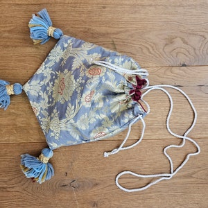 Medieval belt bag made of silk brocade with tassels image 1